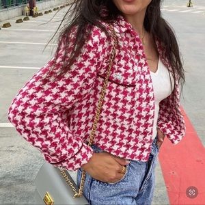 Zara Pink and White Houndstooth Jacket